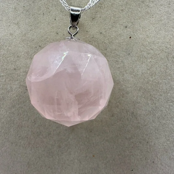 SOLD Rose Quartz 3D Round Pendant on Sterling Silver Chain - Picture 3 of 13